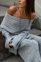 Off-The-Shoulder Ribbed Knit Wide Sleeve Flowy Pants Two Piece Set