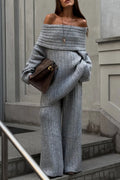 Off-The-Shoulder Ribbed Knit Wide Sleeve Flowy Pants Two Piece Set