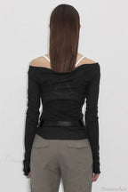 Off-The-Shoulder Sheer Mesh Knit Printed Long Sleeve Tee