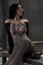 Off-The-Shoulder Sheer Mesh Knit Printed Long Sleeve Tee