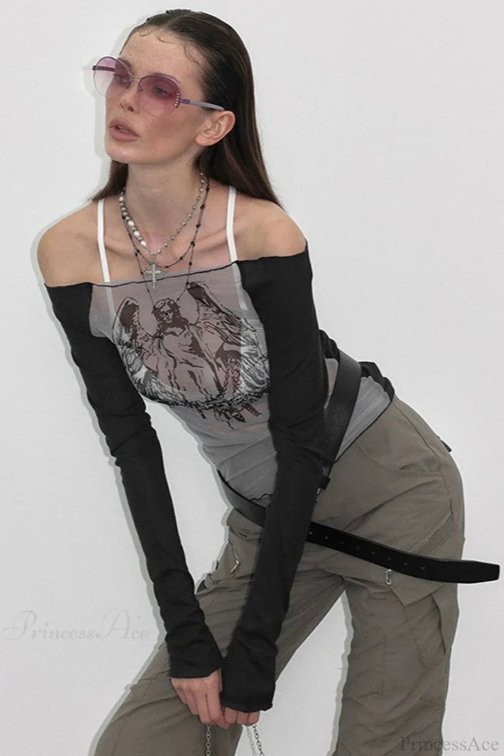 Off-The-Shoulder Sheer Mesh Knit Printed Long Sleeve Tee