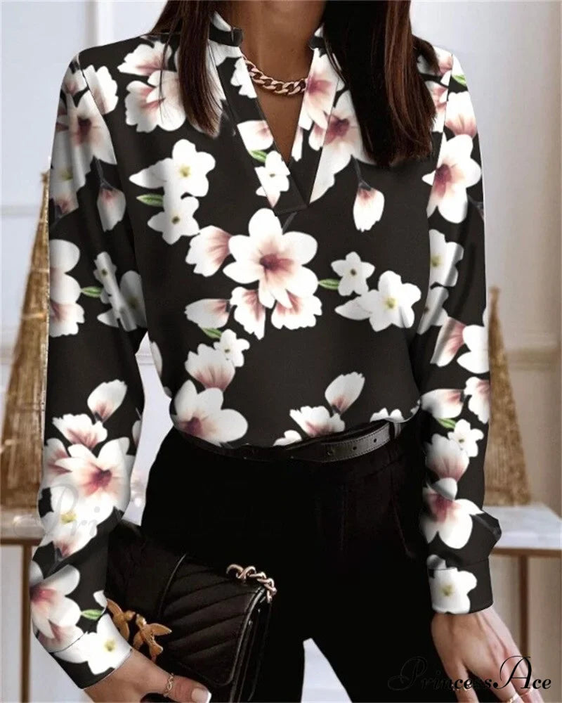 Office Lady Chain Printed Pullover Blouse