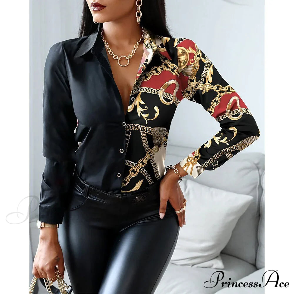 Office Lady Print Button Shirts