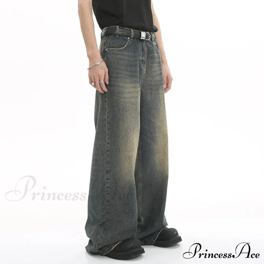 Old Male Pants Summer Blue Washed Denim Casual Menwear Wide Leg Trousers Jeans