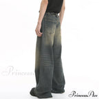 Old Male Pants Summer Blue Washed Denim Casual Menwear Wide Leg Trousers Jeans