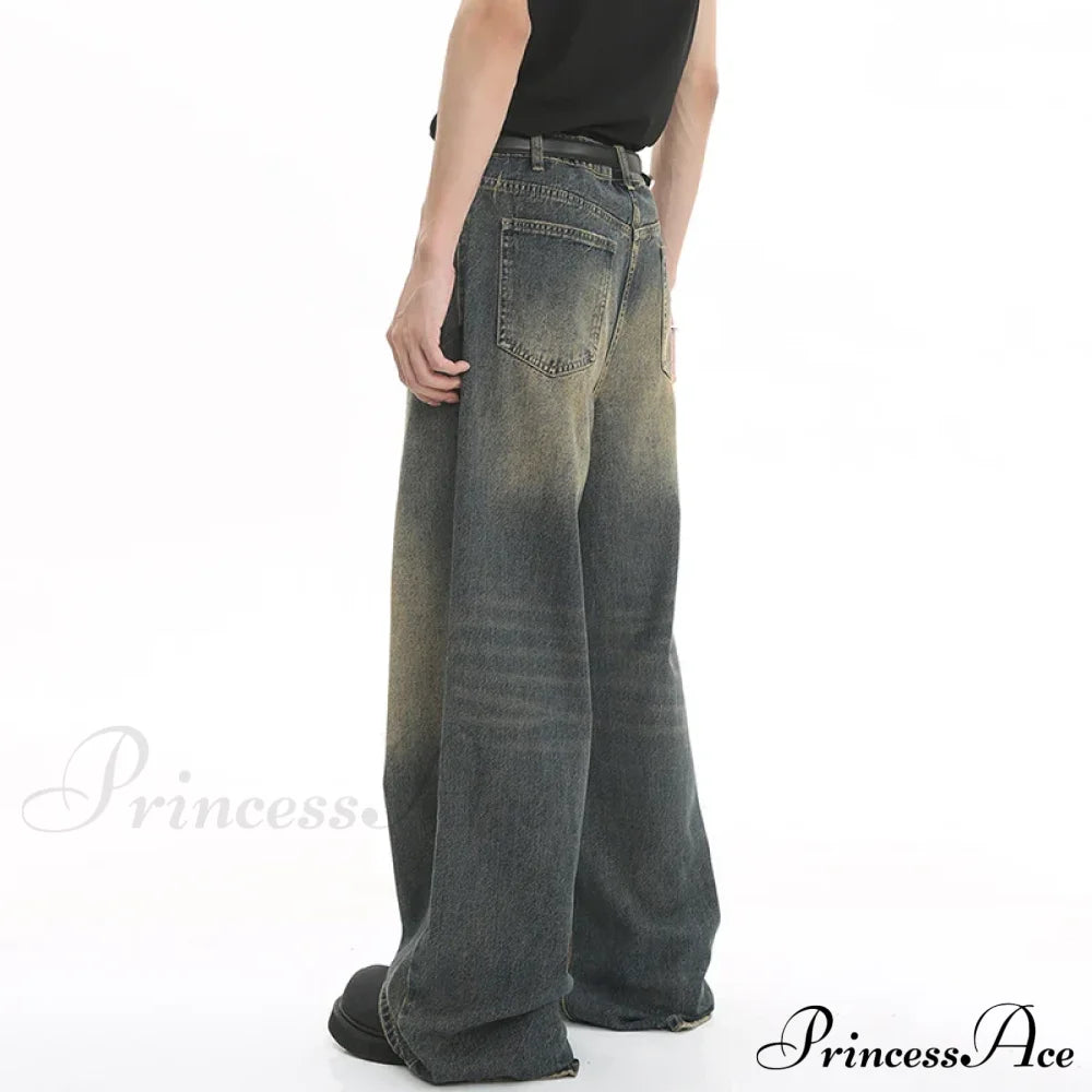 Old Male Pants Summer Blue Washed Denim Casual Menwear Wide Leg Trousers Jeans