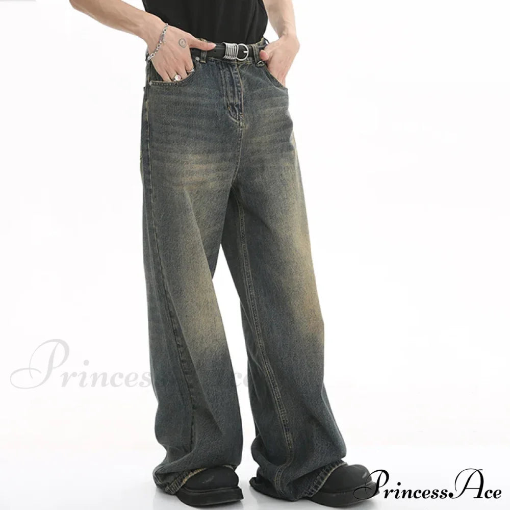 Old Male Pants Summer Blue Washed Denim Casual Menwear Wide Leg Trousers Jeans