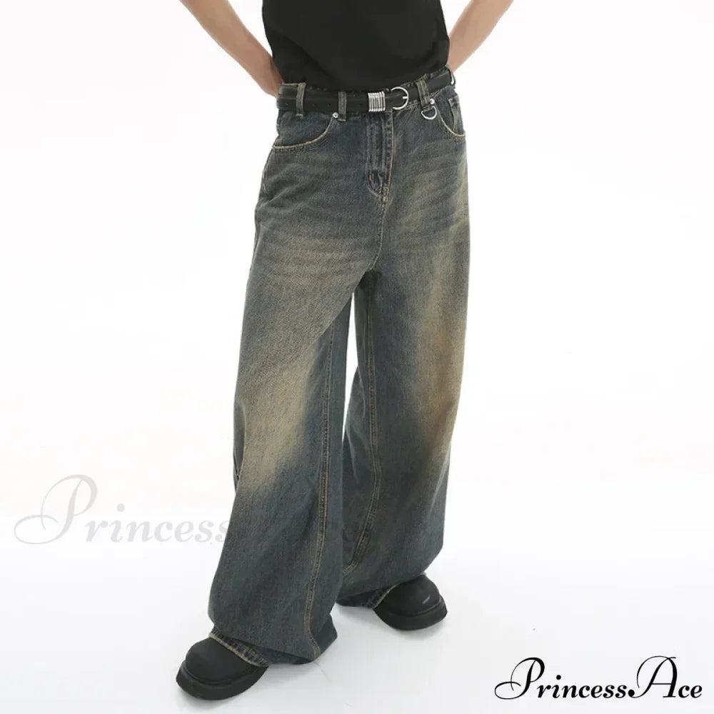 Old Male Pants Summer Blue Washed Denim Casual Menwear Wide Leg Trousers Jeans