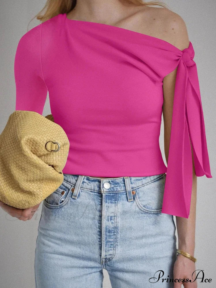 One Shoulder Long Charming Sleeve Tie Up Top