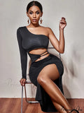 One Shoulder Long Sleeved Hollow High Split Wrapping Nightclub Cut Out Dress