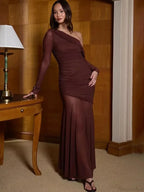 One Shoulder Mesh Maxi Vacation Dress