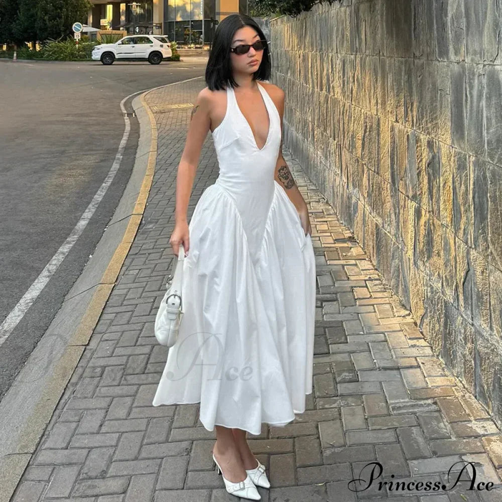 Open Back Halter Deep Graceful V-Neck White Ankle Length Dress