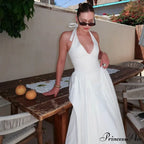 Open Back Halter Deep Graceful V-Neck White Ankle Length Dress