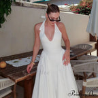 Open Back Halter Deep Graceful V-Neck White Ankle Length Dress