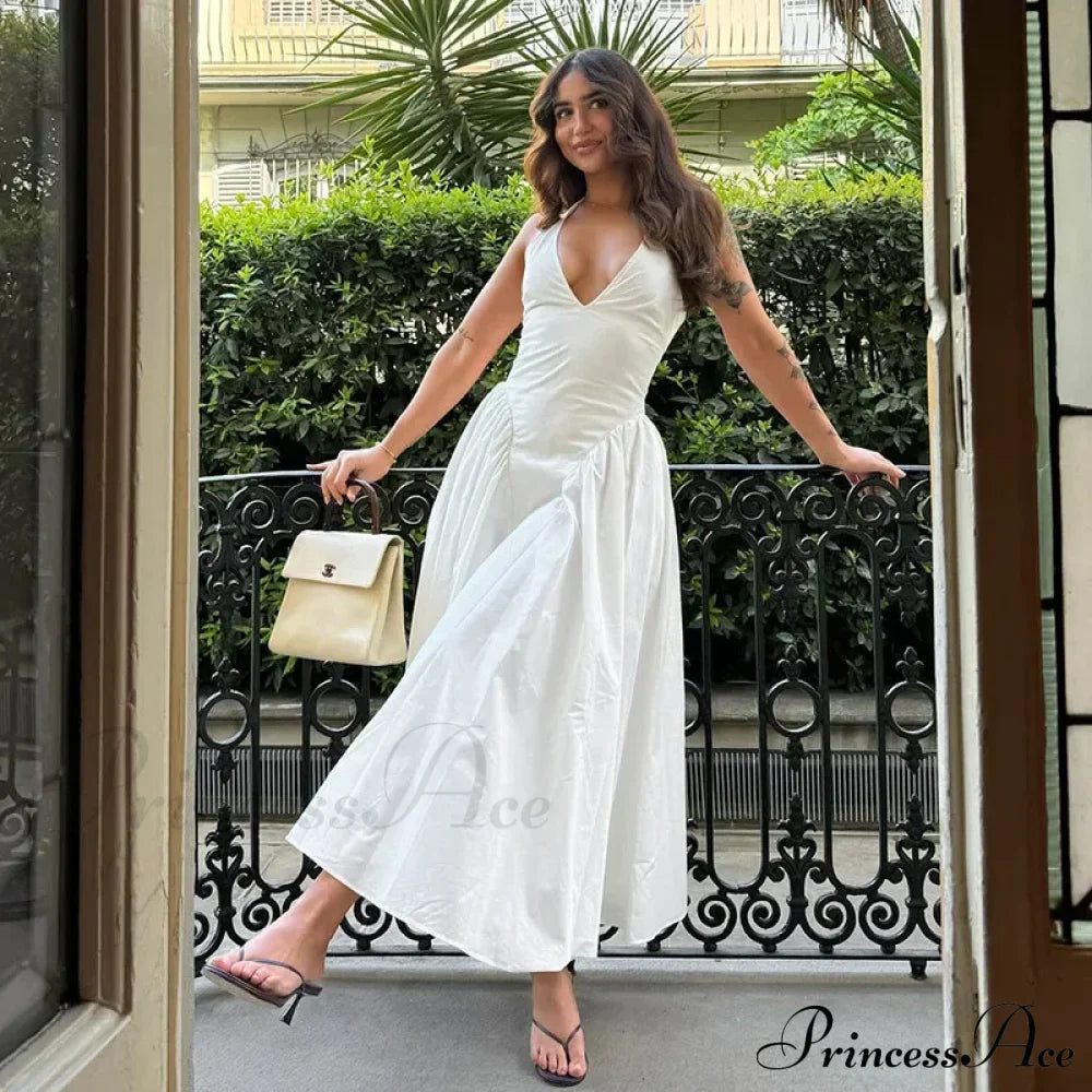 Open Back Halter Deep Graceful V-Neck White Ankle Length Dress