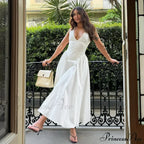 Open Back Halter Deep Graceful V-Neck White Ankle Length Dress