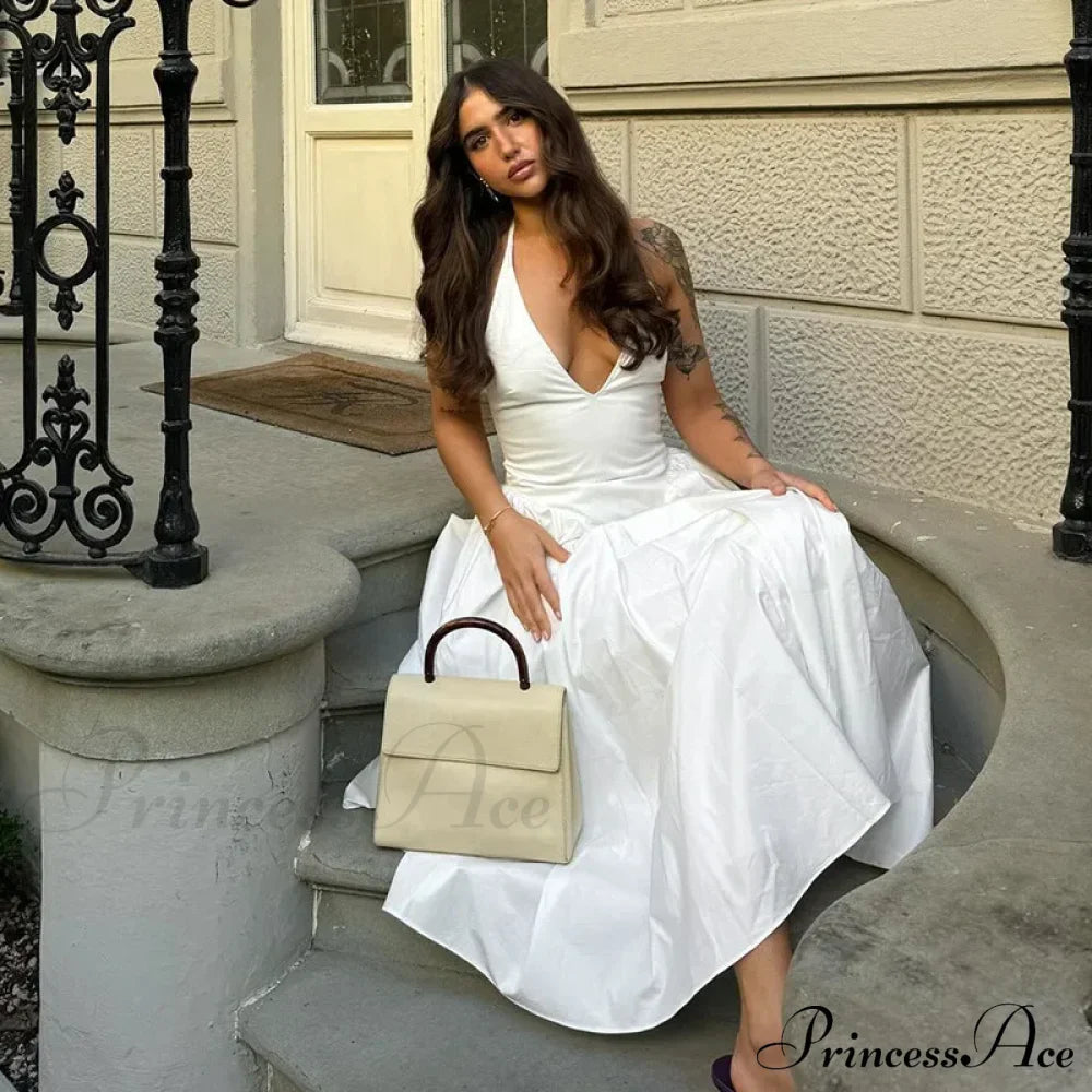 Open Back Halter Deep Graceful V-Neck White Ankle Length Dress