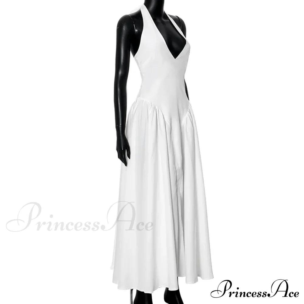 Open Back Halter Deep Graceful V-Neck White Ankle Length Dress