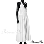 Open Back Halter Deep Graceful V-Neck White Ankle Length Dress