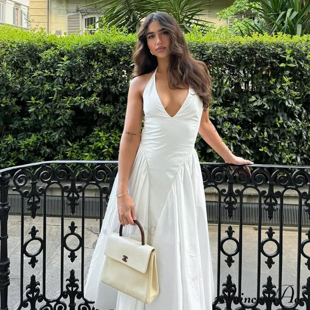 Open Back Halter Deep Graceful V-Neck White Ankle Length Dress