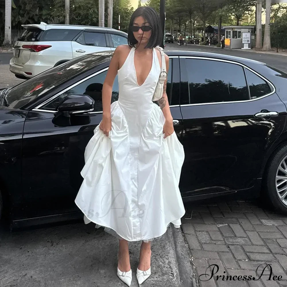 Open Back Halter Deep Graceful V-Neck White Ankle Length Dress