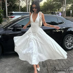 Open Back Halter Deep Graceful V-Neck White Ankle Length Dress