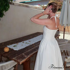 Open Back Halter Deep Graceful V-Neck White Ankle Length Dress