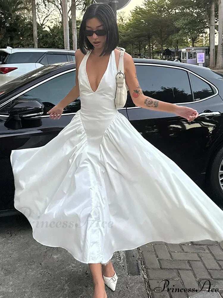 Open Back Halter Deep Graceful V-Neck White Ankle Length Dress