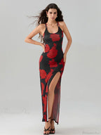Open Back High Split Floral Print Bodycon Cami Club Dress