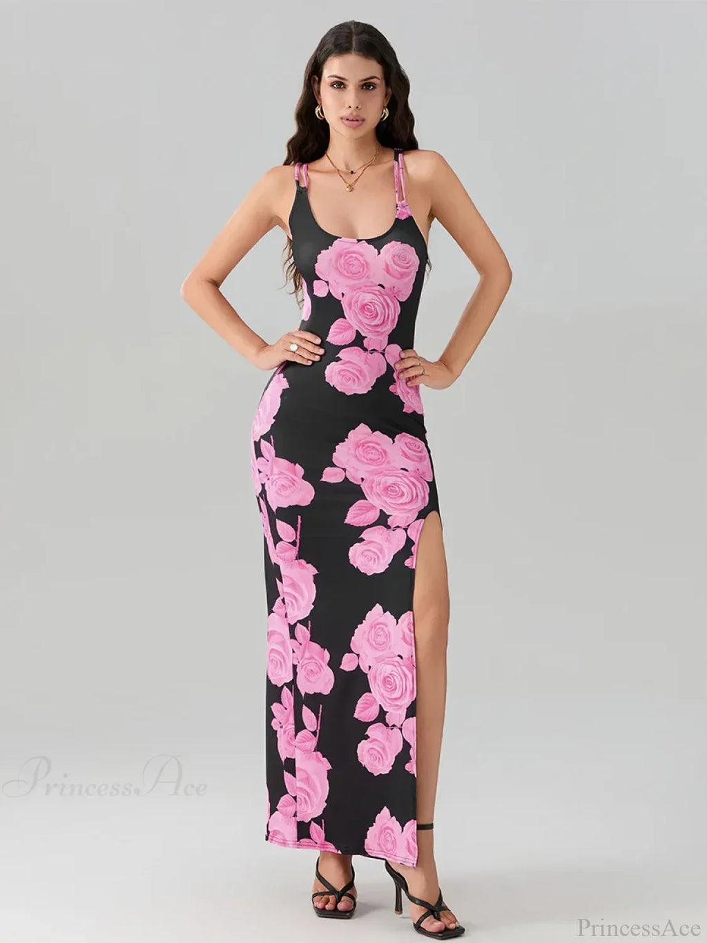 Open Back High Split Floral Print Bodycon Cami Club Dress