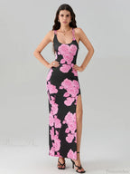 Open Back High Split Floral Print Bodycon Cami Club Dress