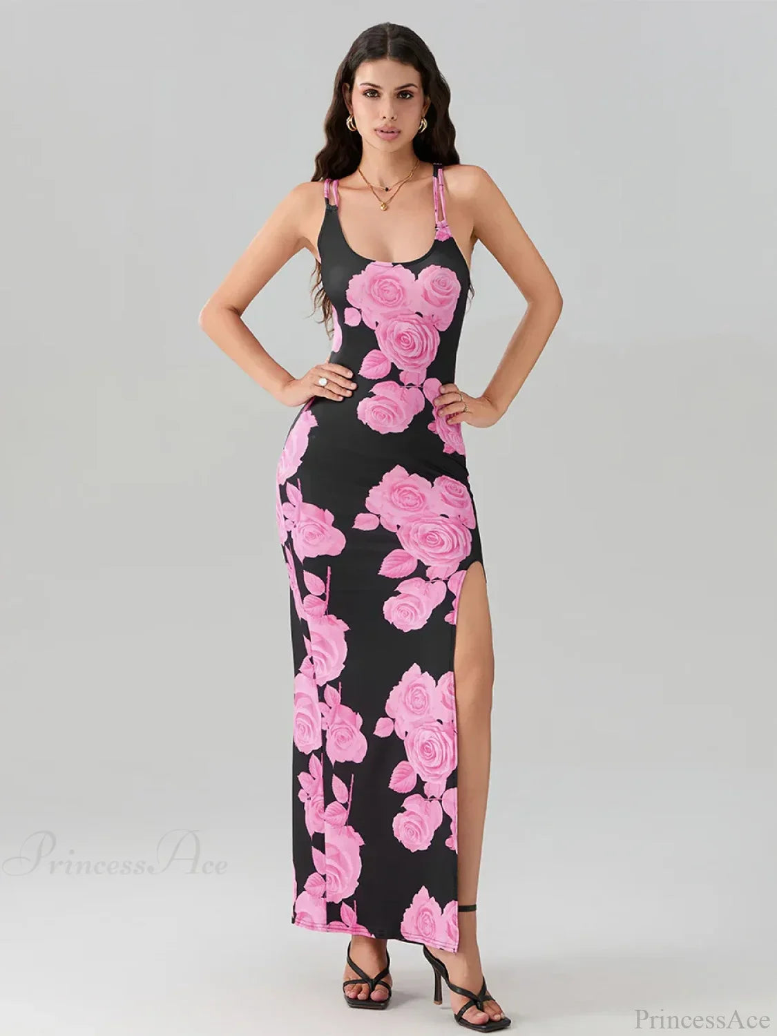 Open Back High Split Floral Print Bodycon Cami Club Dress