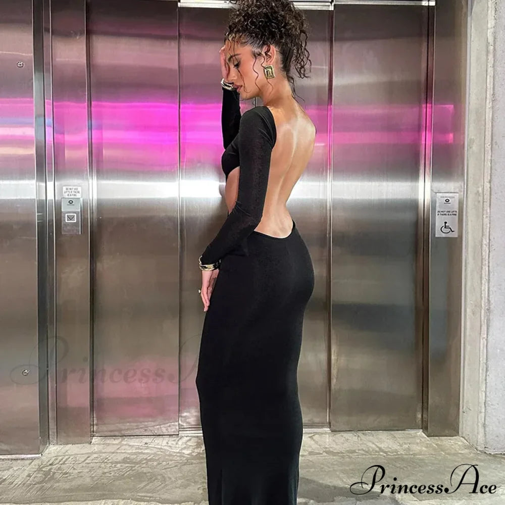 Open Back Ruched Birthday Long Sleeve Maxi Dress
