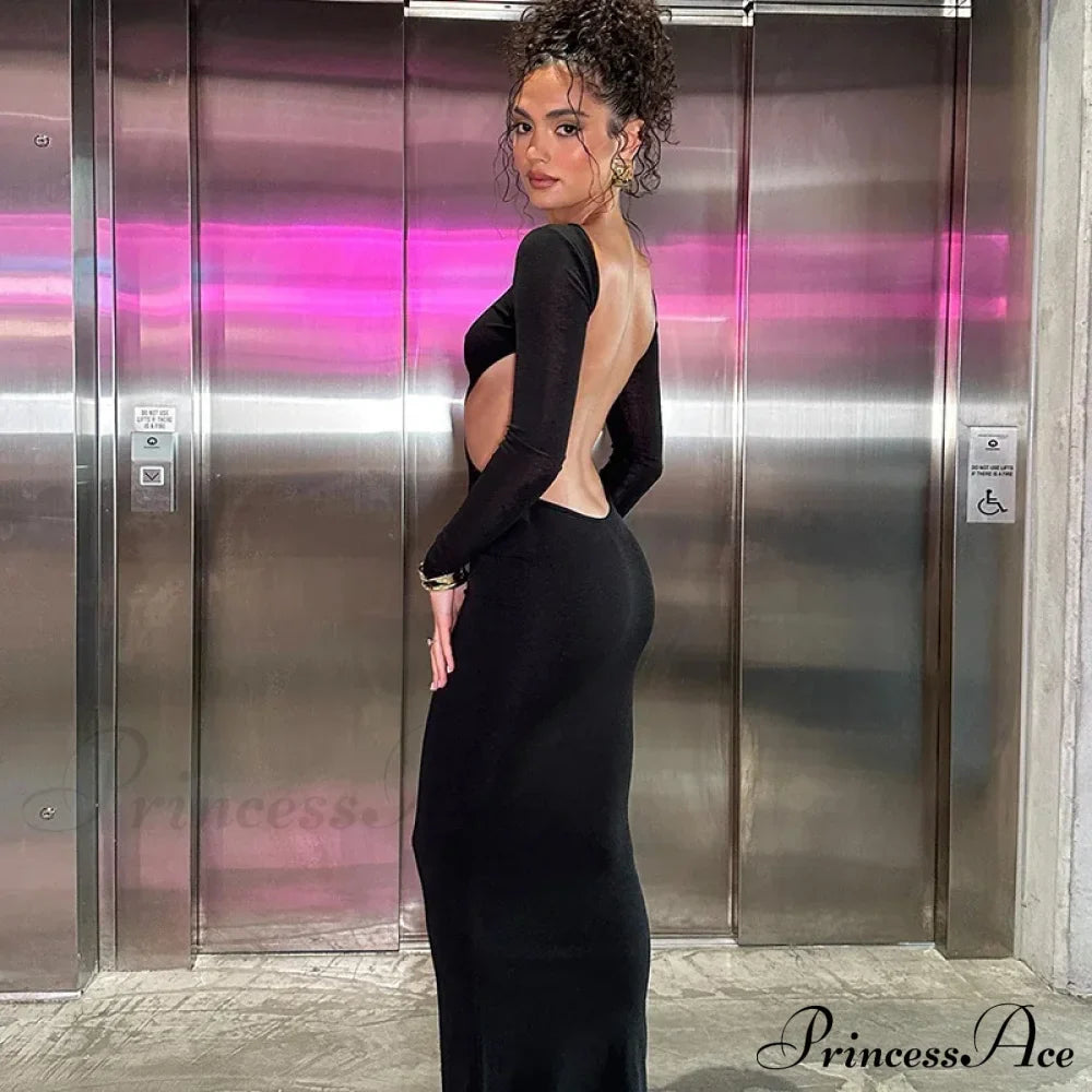 Open Back Ruched Birthday Long Sleeve Maxi Dress