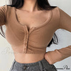 Open Blouse Top Korean Color Solid Cardigan Arm V-Neck Slim Long Navel U4Wf