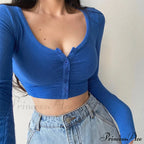 Open Blouse Top Korean Color Solid Cardigan Arm V-Neck Slim Long Navel U4Wf