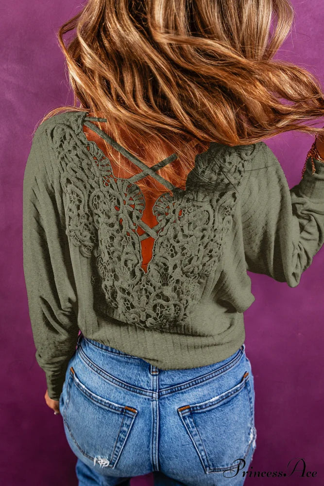 Open Lace-Up Ribbed Back Green Crochet Top