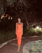 Orange Sheer Lace Charming Draped Tube Maxi Dress