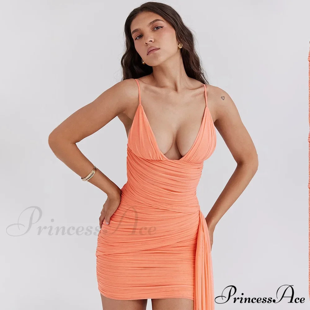 Orange V-Neck Bandage Charming Bodycon Mini Dress