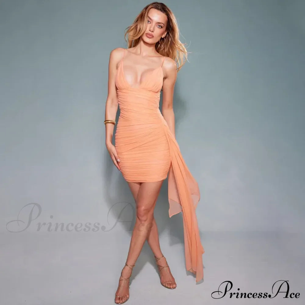 Orange V-Neck Bandage Charming Bodycon Mini Dress