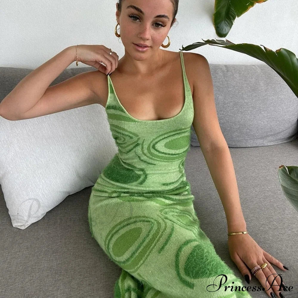 Paisley Vintage Spaghetti - Y2K Bodycon Strap Gown Coastal Party Green Vestido