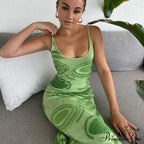 Paisley Vintage Spaghetti - Y2K Bodycon Strap Gown Coastal Party Green Vestido