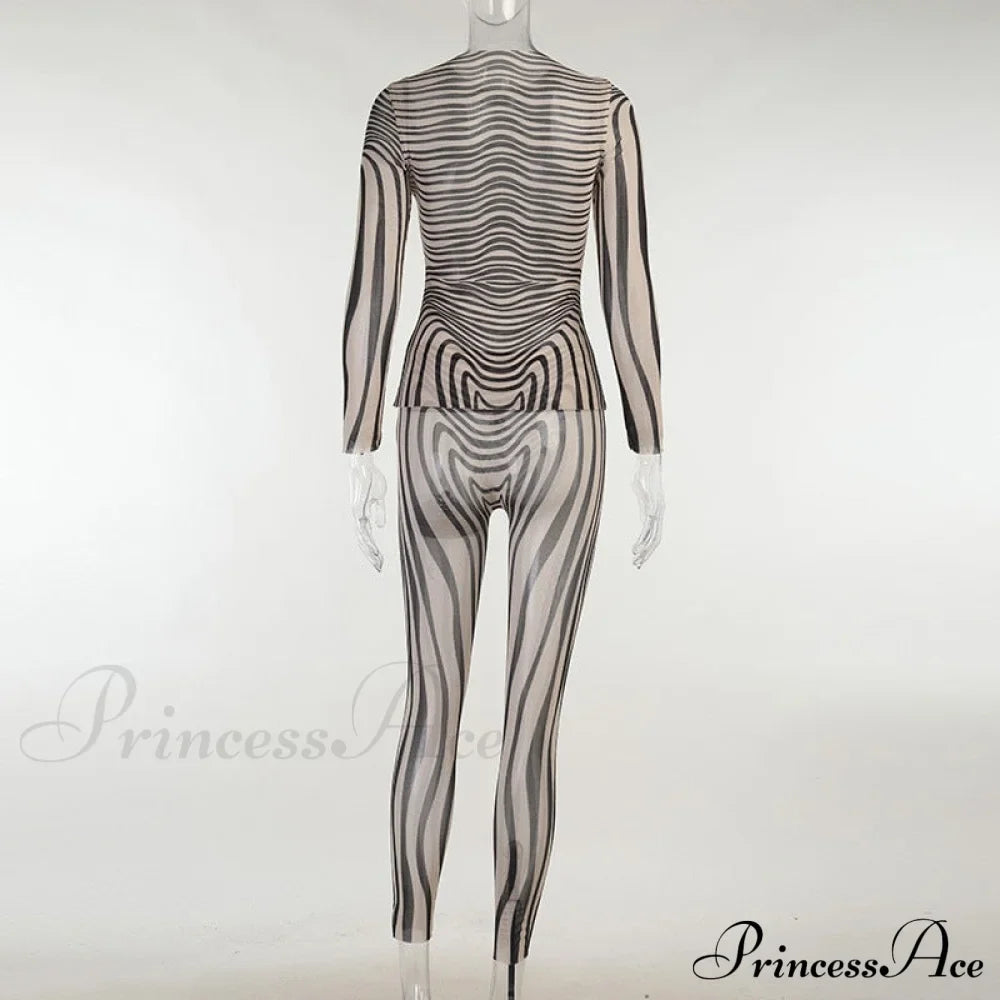 Pants Suit Costume Zebra Co-Ord Striped Tracksuit For Mesh + Set 2 T-Shirt Piece Long Autumn Women