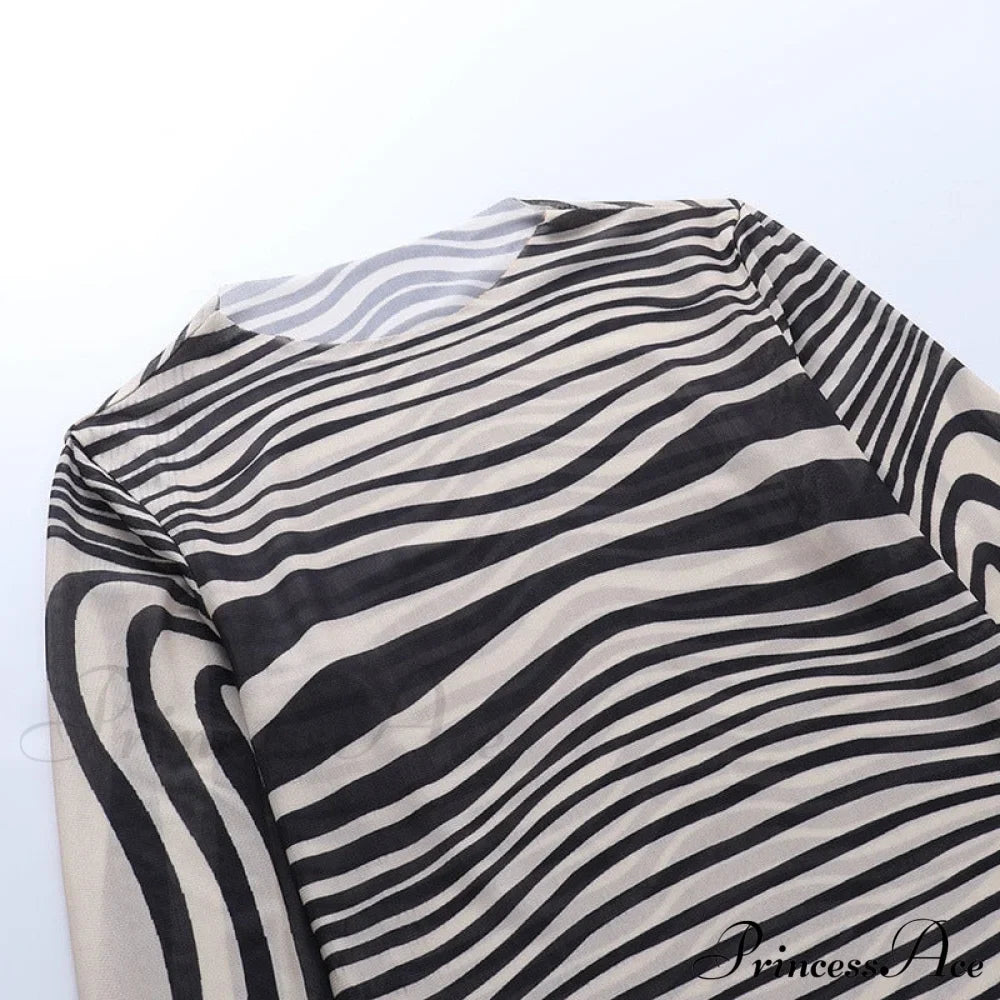 Pants Suit Costume Zebra Co-Ord Striped Tracksuit For Mesh + Set 2 T-Shirt Piece Long Autumn Women