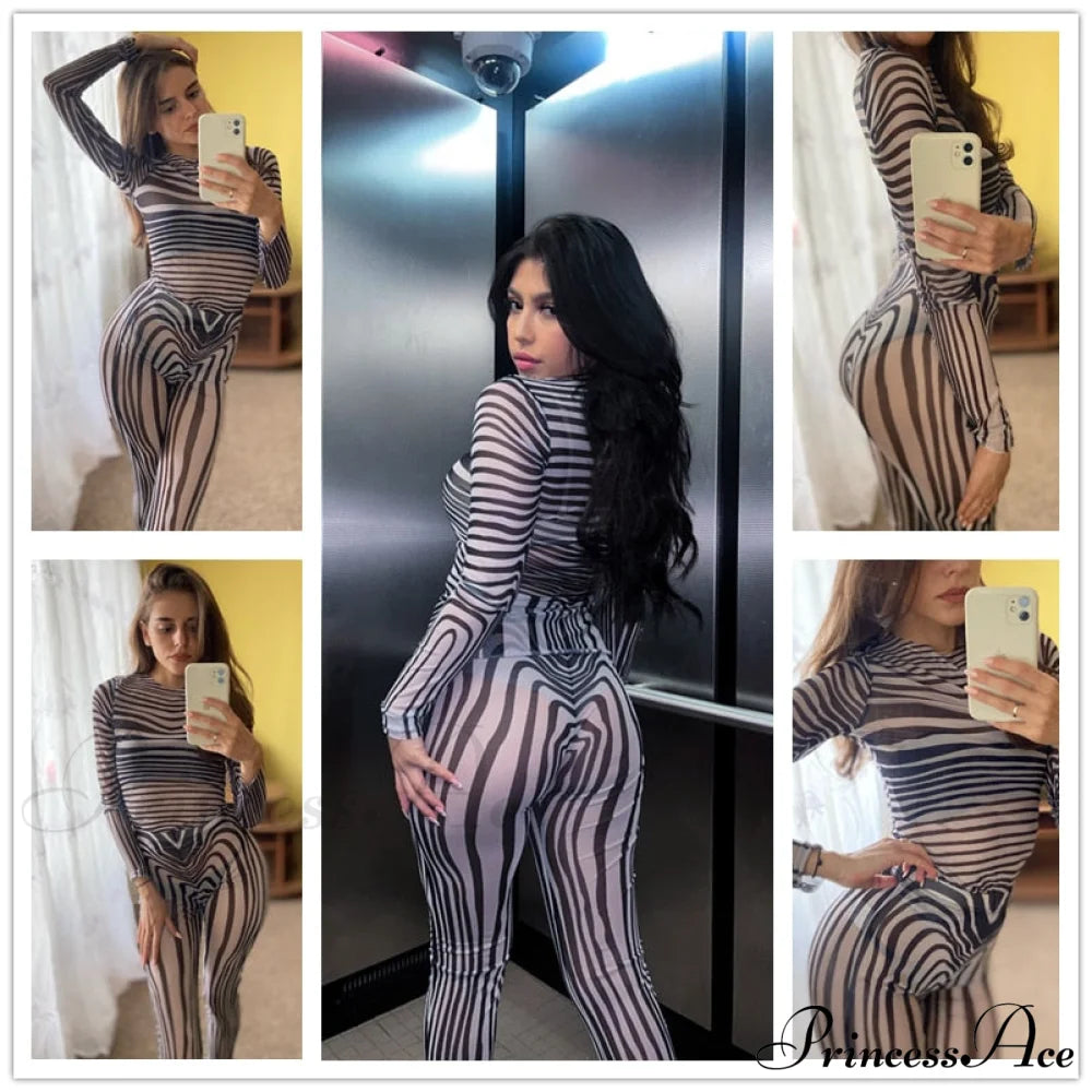 Pants Suit Costume Zebra Co-Ord Striped Tracksuit For Mesh + Set 2 T-Shirt Piece Long Autumn Women