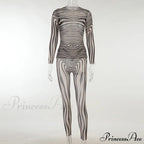 Pants Suit Costume Zebra Co-Ord Striped Tracksuit For Mesh + Set 2 T-Shirt Piece Long Autumn Women