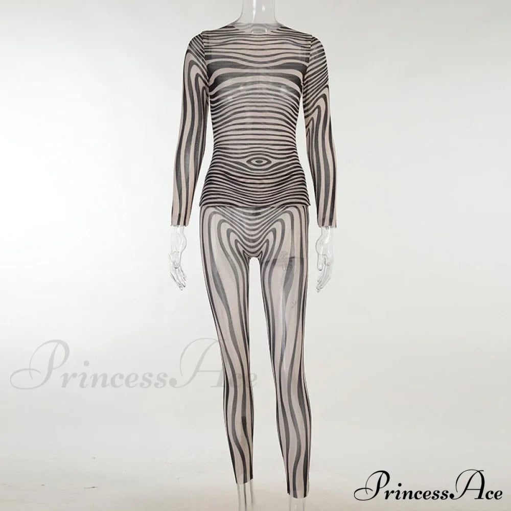 Pants Suit Costume Zebra Co-Ord Striped Tracksuit For Mesh + Set 2 T-Shirt Piece Long Autumn Women