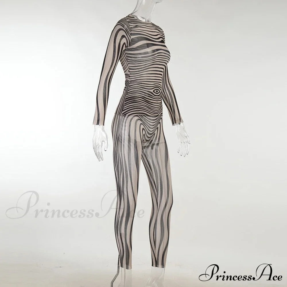 Pants Suit Costume Zebra Co-Ord Striped Tracksuit For Mesh + Set 2 T-Shirt Piece Long Autumn Women