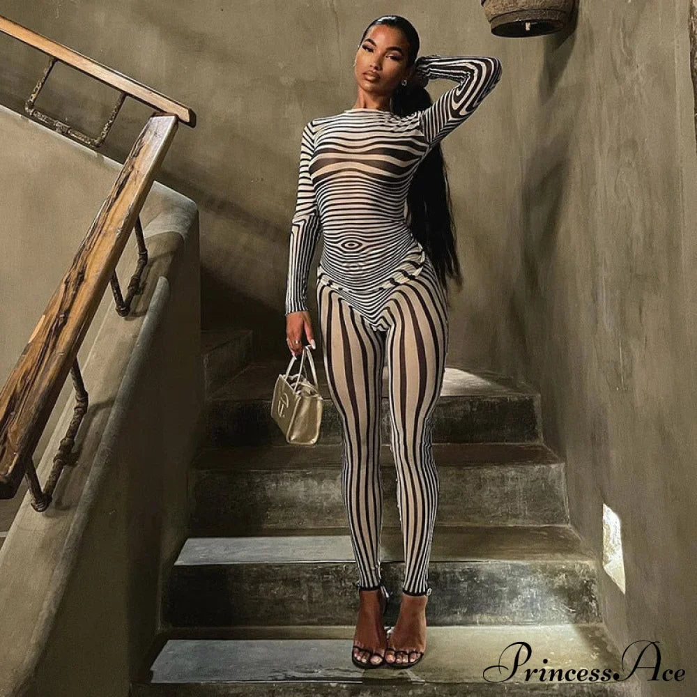 Pants Suit Costume Zebra Co-Ord Striped Tracksuit For Mesh + Set 2 T-Shirt Piece Long Autumn Women