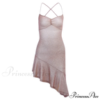 Party Backless Asymmetry Ruffles Hem Spaghetti Strap V-Neck Sleeveless Mini Lace Up Bodycon Dress